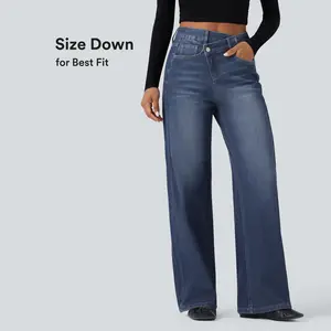 Halara Flex Asymmetric High Waisted Washed Casual Baggy Jeans with Pockets