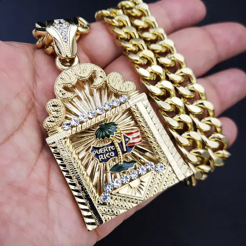MaxBling81 Unisex Oversize Puerto Rico Flag Pendant & 16mm Iced Out Cuban Chain Necklace - 16-30in Fit Range, Gold Coated Metal, Cubic Zirconia Necklaces, Adults' Daily Hip Hop Casual Accessory