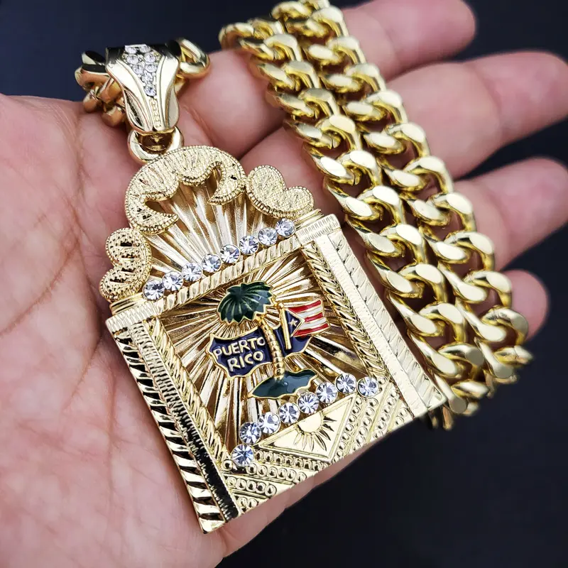 MaxBling81 Unisex Oversize Puerto Rico Flag Pendant & 16mm Iced Out Cuban Chain Necklace - 16-30in Fit Range, Gold Coated Metal, Cubic Zirconia Necklaces, Adults' Daily Hip Hop Casual Accessory