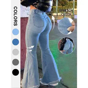 Women's Bell Bottom Flare Jeans Mid Rise Denim Pants Destroyed Raw Hem Denim Pants（gift）