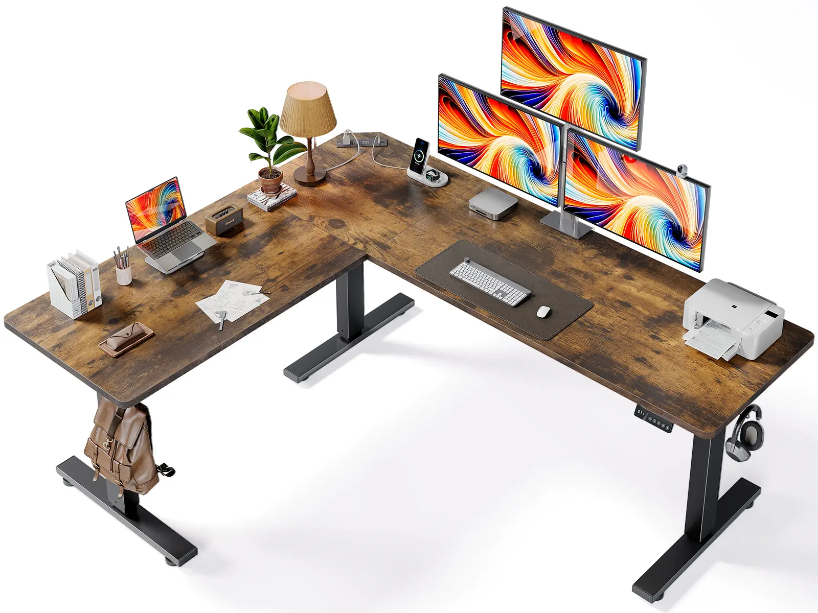 63"x55" L-Shaped Adjustable Ergonomic Standing Desk - Commercial Office Furniture with Power Outlets, Memory Preset, Hooks, Dual Monitor Riser for Home Office Corner Computer Workstation (Rustic Brown Wood), Ergonomic Design
