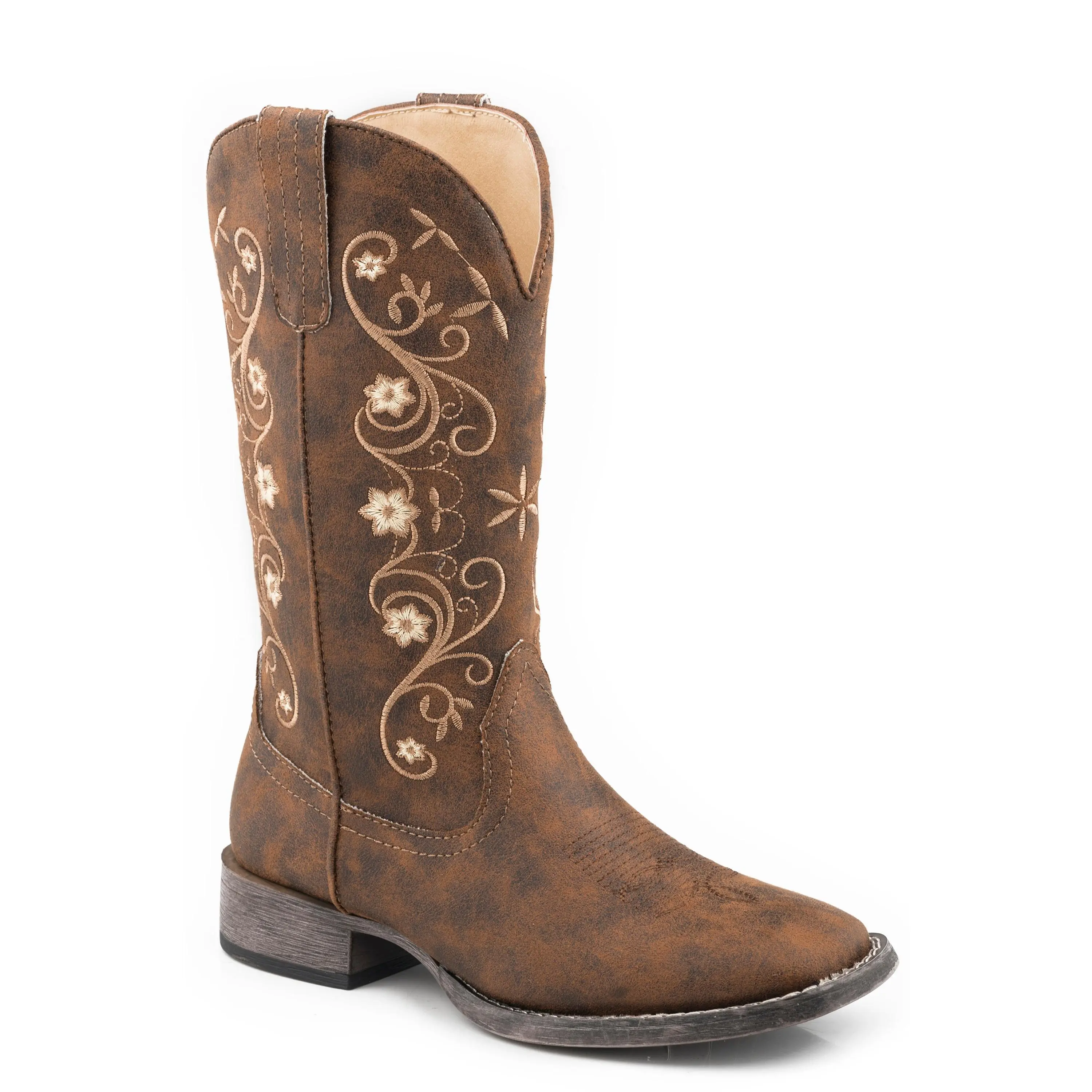 Women's Roper Vintage Brown Square Toe Boot w/ Floral Embroidery On Shaft