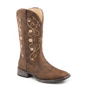 Women's Roper Vintage Brown Square Toe Boot w/ Floral Embroidery On Shaft
