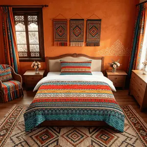 2/3‑Piece Boho Ethnic Striped Comforter Set, Single‑Sided Printed Quilt with Retro Moroccan Tribal Elements, No Pillow Insert Included, Soft & Breathable, Ideal for Bohemian‑Style Lovers Bedroom Home Decoration