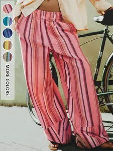 Striped Wide Leg Pants for Daily Commute, Elastic High Waist Loose Straight Leg Pants, Flowy Versatile Casual Pants