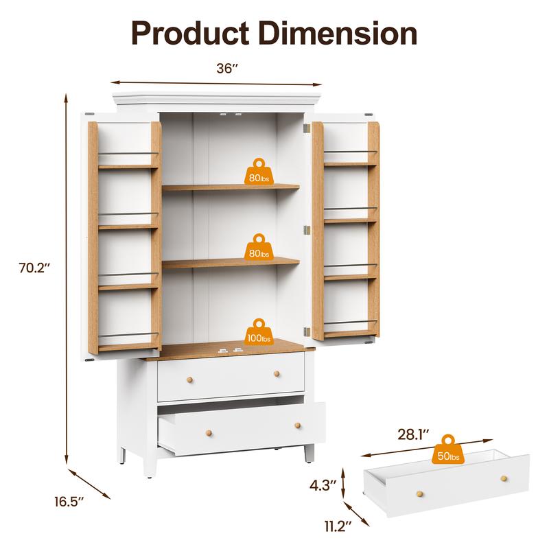 RoyalCraft 70'' Tall Kitchen Pantry Cabinet, Wood Cupboard with 8 Door Storage Shelves, Large Storage Cabinet with Drawers & Adjustable Shelves for Kitchen, Dining Room, Living Room, Laundry, White
