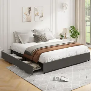【Christmas Gift】Full Size Platform Bed Frame, Fabric Upholstered with 4 Storage Drawers, No Box Spring Needed, Wooden Slats Support, Noise Free, Easy Assembly, Dark Grey