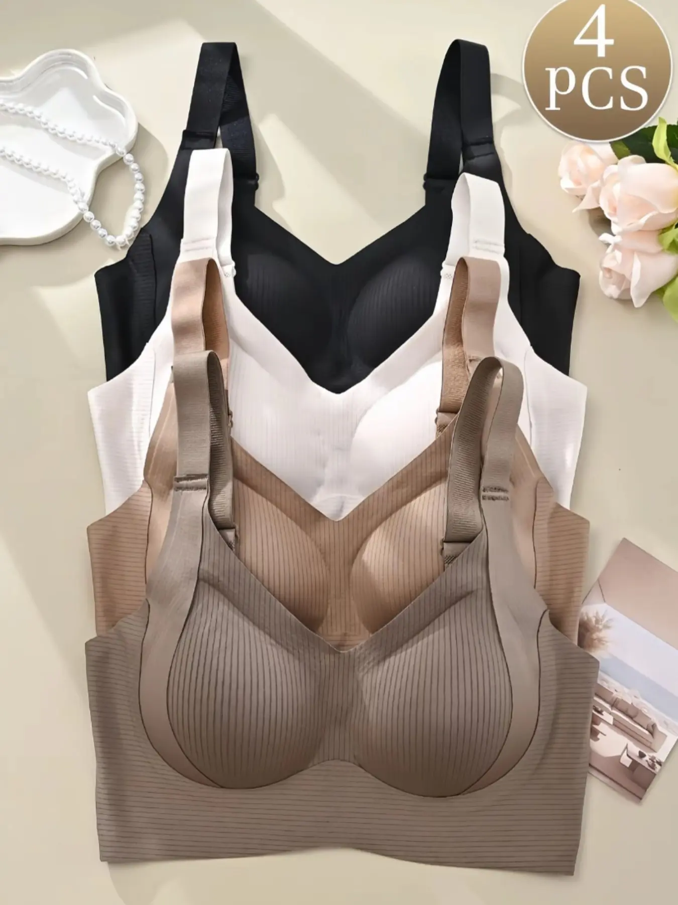 4-Pack Push Up Casual Minimalist Bras - Wireless Seamless Lingerie with Adjustable Wide Straps, Supportive Underwear for Fit, Natural Lift & Side Coverage, All-Day Wear Shaping Bra