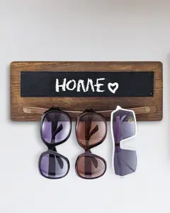 Burnt Wood Wall Mounted Chalkboard and Sunglasses Holder Rack with Brown Leatherette Hanging Rail