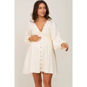 Beige Crochet Lace Button Front Maternity Dress