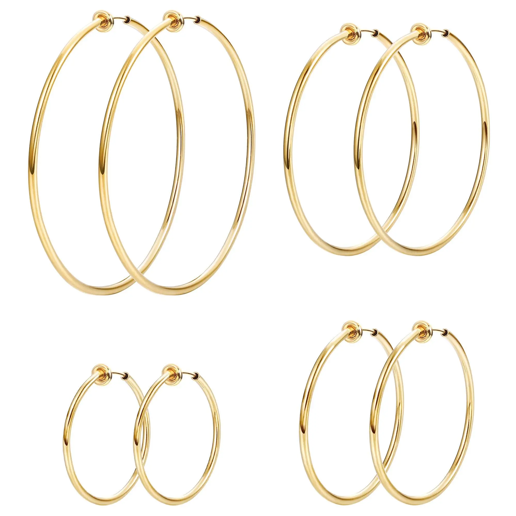 CASSIECA 4-Pair Stainless Steel Clip-On Spring Hoop Earring Sets for Women, Non-Piercing Jewelry, Non-Pierced Ears Daily Accessory