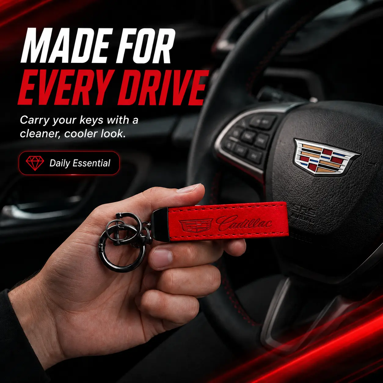 For Cadillac Escalade XT5 CT5 XT4 XT6 LYRIQ CT4 V-Series CTS ATS SRX XTS, Premium Leather Car Keychain, Metal Key Ring Key Fob Holder with Swivel Clip, Anti-Lost Automotive Accessory, Luxury Driver Gift for Men Women, Red or Black, Car Key Accessories, Ke