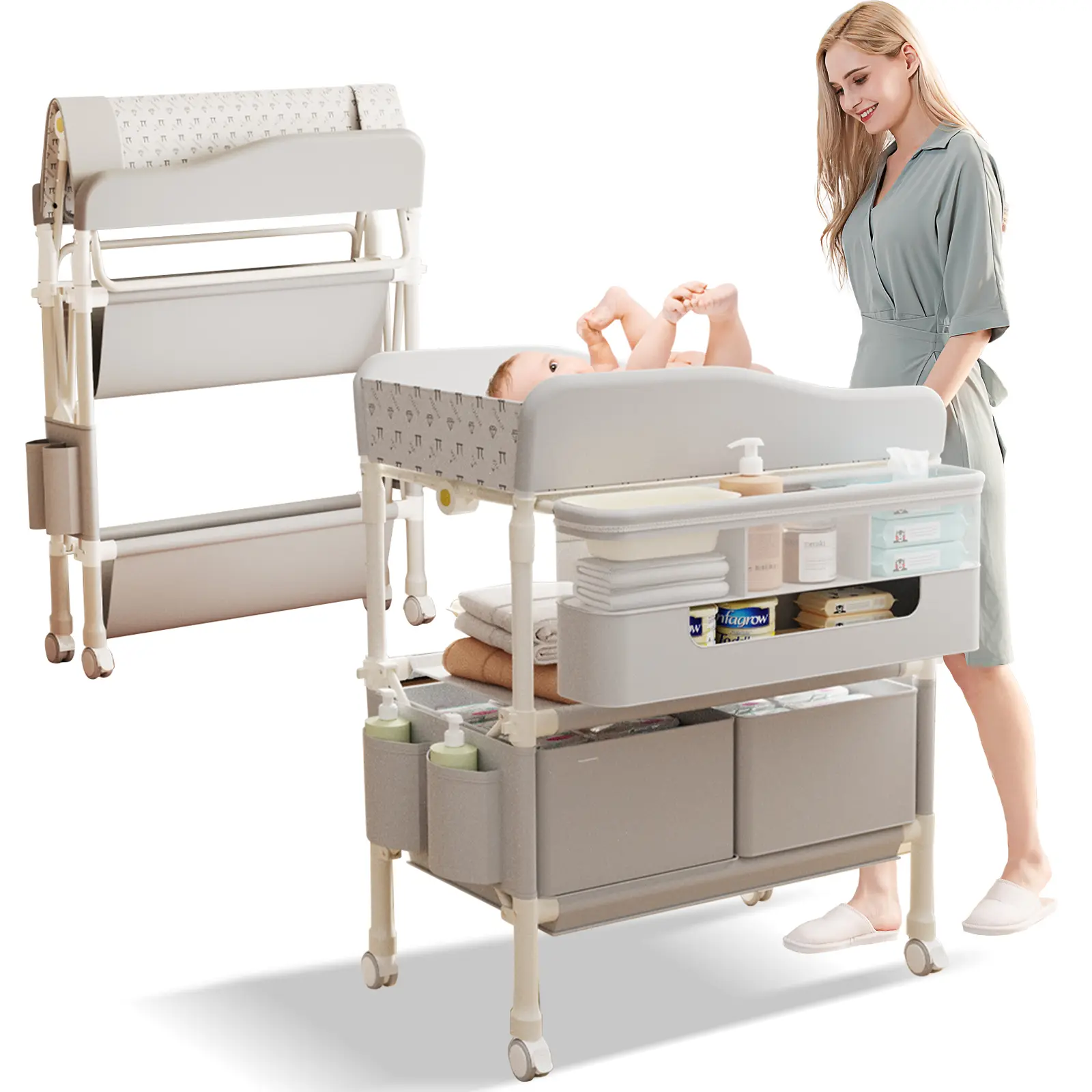 Baby Changing Table, Versatile Folding Changing Table with 2 Drawers, Portable Baby Diaper Changing Station with Toy Holder, Adjustable Height (39.7" to 42.9") Mobile Nursery Diaper and Newborn