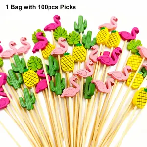 100pcs Summer Cocktail Picks, Assorted Tropical Bamboo Toothpicks, Flamingo Beach Backdrop, Handmade Unique Craftsmanship for Appetizers, Luau Hawaii Beach Party, Home Bar Accessories, Utensils