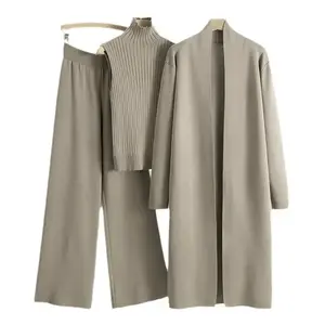 Winter New Style Lazy Temperament Knitted Suit Sleeveless Vest Sweater Cardigan Pants Three-Piece Set in Solid Camel Color for Women's Casual Wear(Sheets)