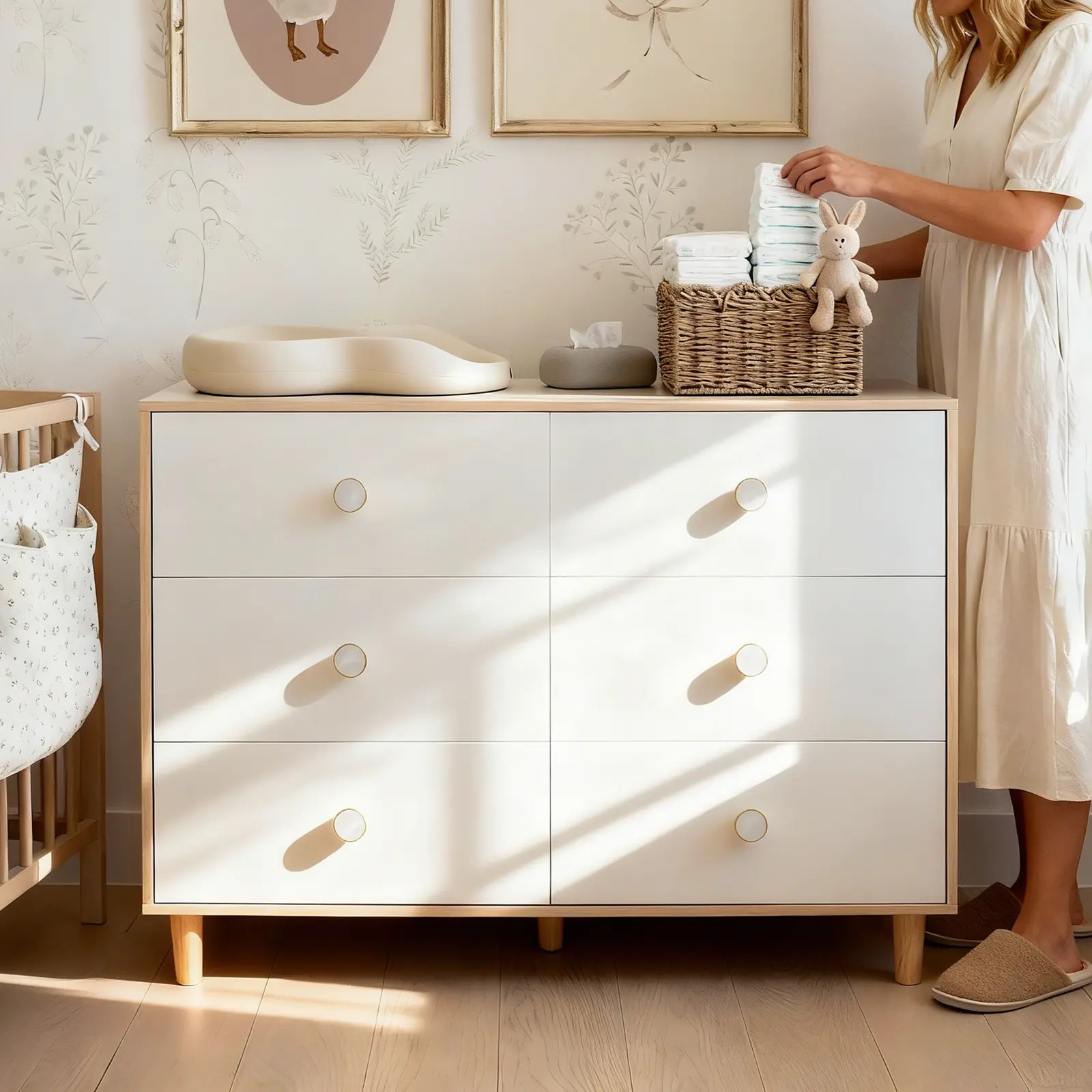BERRY NEST Sturdy Bedroom Dresser with 6 Compartmentalized Drawers, Large Capacity White Unit with Solid Wood Legs, Modern Drawer Organization for Adult Bedroom & Nursery, Stores Children Clothes & Baby Essentials