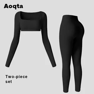 Aoqta Two-Piece Sporty Tracksuit Set - Solid Square Neck Long-Sleeve Crop Top & High Waist Leggings, Soft Elastic Fitness Outfits for Yoga, Workout, Indoor & Outdoor Activities