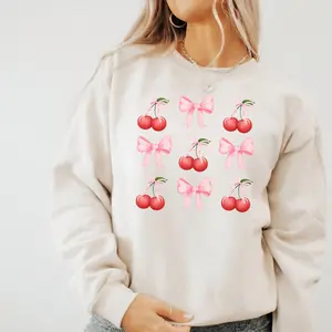 Pink Cherry Bow Sweatshirt, Women's Crewneck Jumper, Cute Bow Design, Gift for Her, Cherry Blossom Top, Unisex Pink Sweatshirt