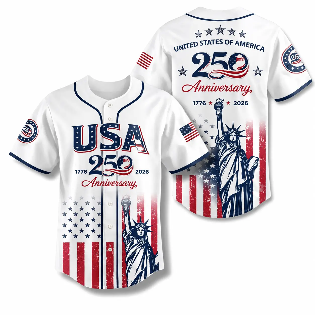Delivered after July 4th-Unisex USA 250th Anniversary 1776–2026 Baseball Jersey, Patriotic Statue of Liberty Print Shirt, Independence Day 4th of July Outfit, Semiquincentennial Patriotic Gift