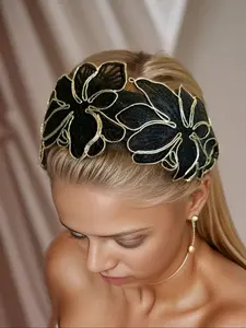 Women's Vintage Embroidered Headband, Wide Brim Mesh Lace Hair Accessory, Daily Use Fashion Jewelry for Women, Boho, Adjustable Headband