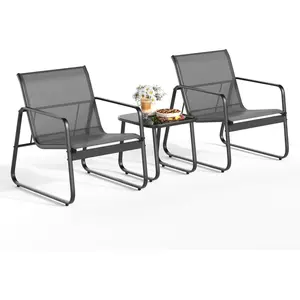 Gizoon Patio Chairs Set of 2, Patio Fumiture Set with Metal Fframe Glass Table, Outdoor Chairs Set of 2 for Balcony Bistro Table and Chair Set for Lawn, Black