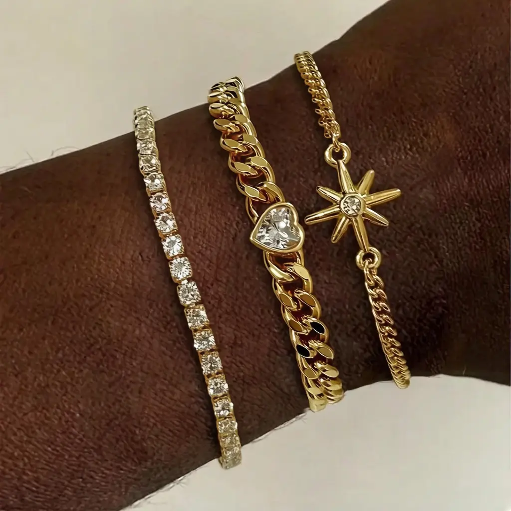 Tewiky Gold Bracelet Set for Women Silver Bracelet Set Stackable CZ Bracelet Heart Charm Cuban Chain Bracelet Dainty Jewelry Gift