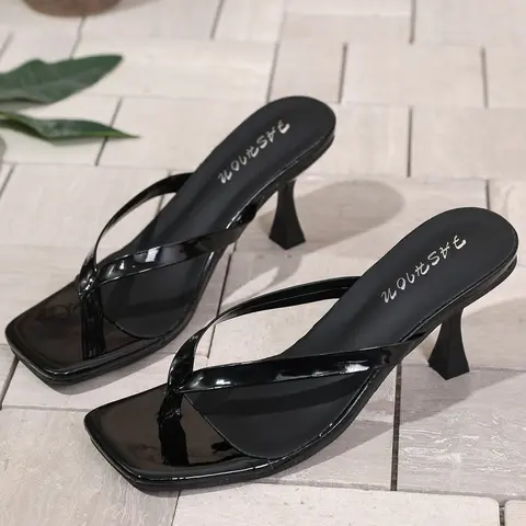 Women's Square Toe Sandals, Heels Sandals, Artificial Leather Cat Heel Mules, Casual All-Season Footwear, Perfect for Work and Vacation