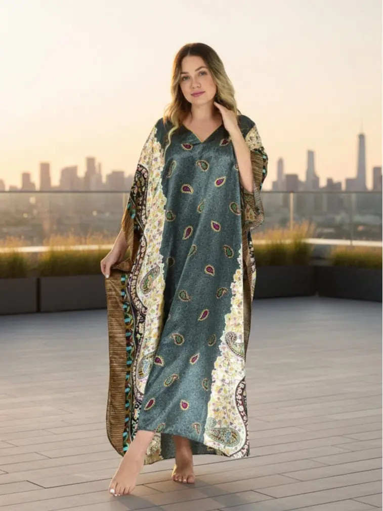 up2date Women's Plus Size Satin Caftan Dress - V Neckline, Unique Paisley Print, Golden Piping, Galaxy Stardust Design, Machine-Washable Polyester Satin, Daily All-Seasons Long Length Casual Womenswear, CAF-04