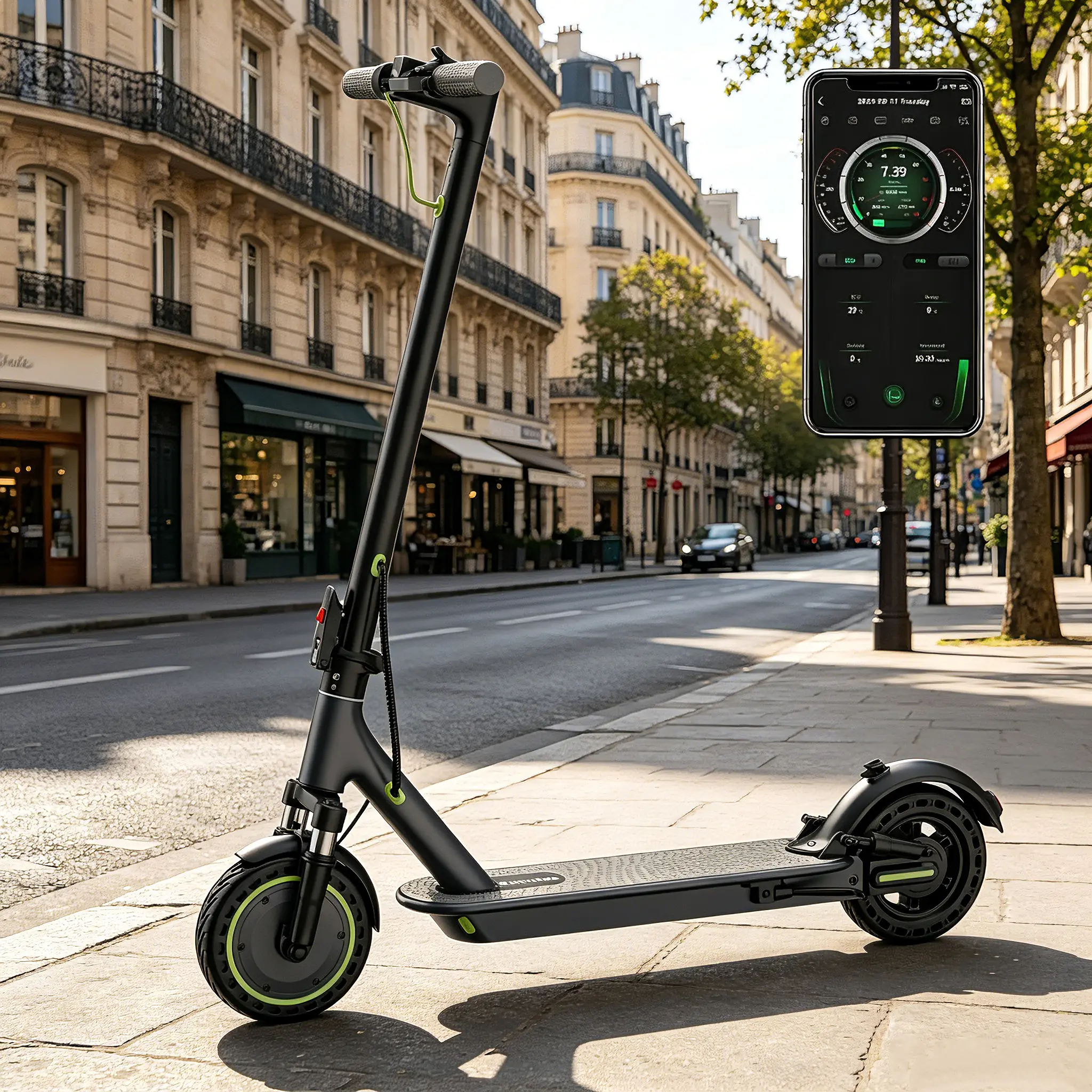 B Foldable electric scooter with 8.5-inch solid tires with honeycomb tread, drum brakes, and dual suspension; equipped with a 36V 10.5Ah battery and a 350W Green Motor; supports app control; designed specifically for adult commuters