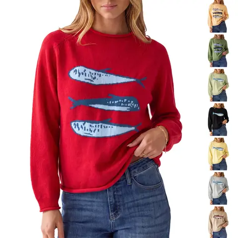 Aswulk Women's Three-Fish Graphic Sweater, Rolled-Edge Crewneck Pullover, Sardine Print Long Sleeve Casual Loose-Fit Top, Trendy Fall & Winter Sweater.