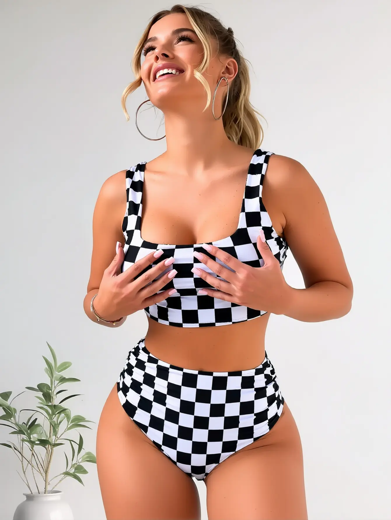 Black and White Checkerboard High Waisted Bikini Set, Square Neck Crop Top Swimsuit
