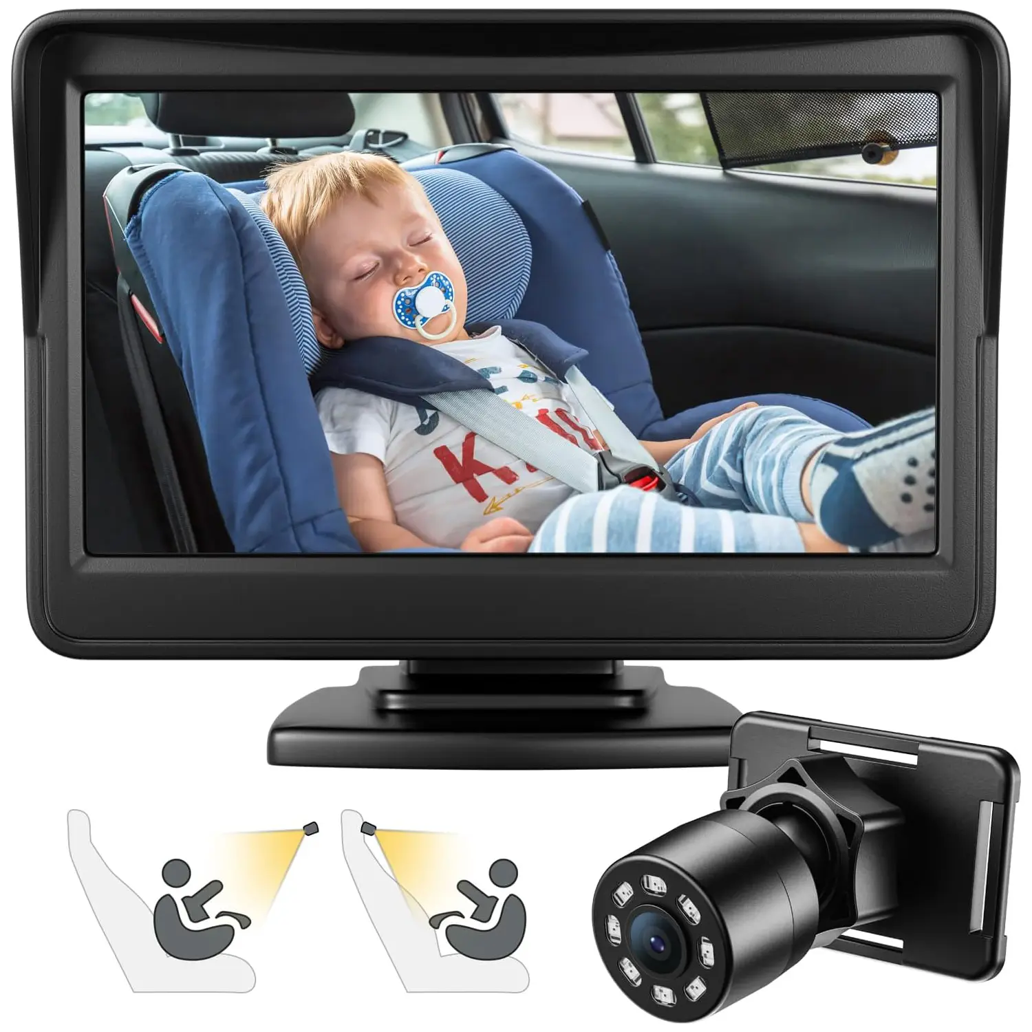 Car Camera, 4.3'' HD Infrared Night Vision Function Baby Car Camera Display, Backseat Car Camera for Baby with 150° Wide View & 360° Rotatable Easy Installation Car Mirror, Summervibes