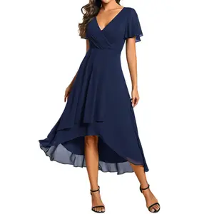 SFTQ Women's Chiffon High-Low Hem Dress with Flutter Sleeves and Surplice V-Neck for Wedding Guests Cocktail Party and Work