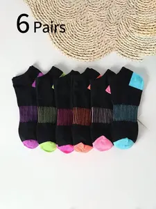 6 Pairs Women Teen Summer Thin Colorblock Sports Socks, Student Ankle Socks, Low Top Crew Socks, Simple Creative Versatile Short Tube Socks