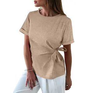 ANRABESS Womens Tops Summer Short Sleeve Crewneck Tie Waist Shirts Dressy Casual Blouse Tee 2026 Business Work Trendy Clothes