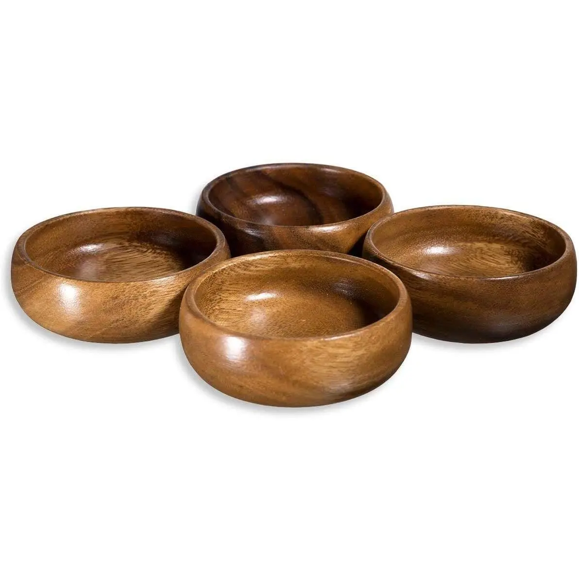 Home Essentials & Beyond Natural Acacia Wooden Bowls Hand-Carved Calabash Dip Tray Bowl S/4 Ideal for Appetizers, Dips, Sauce, Nuts, Candy, Olives, Seeds, Desserts and More. (Round)