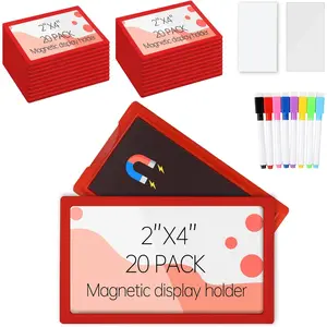 20 count  Plastic Label Holder 2x4 inch for Supermarket Store Price Tag, Metal Shelf File Storage Cabinet Drawer Label Tag Resuable with 8 Color Chalk Makers, 20 count White Paper (Red)