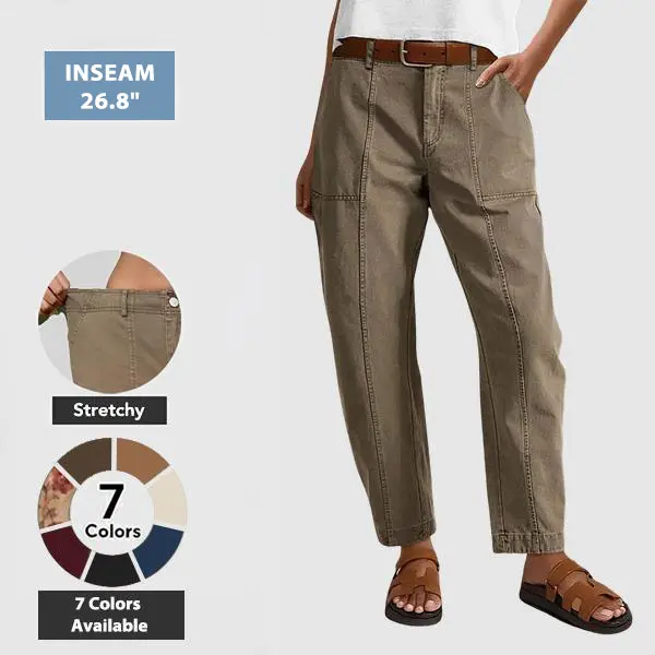 Flamingals Solid Stitch Detail Mid Waist Baby Barrel Fit Deep Pockets Pants High Stretch 26.8" Inseam Casual Women's Fashion Elevated Basic