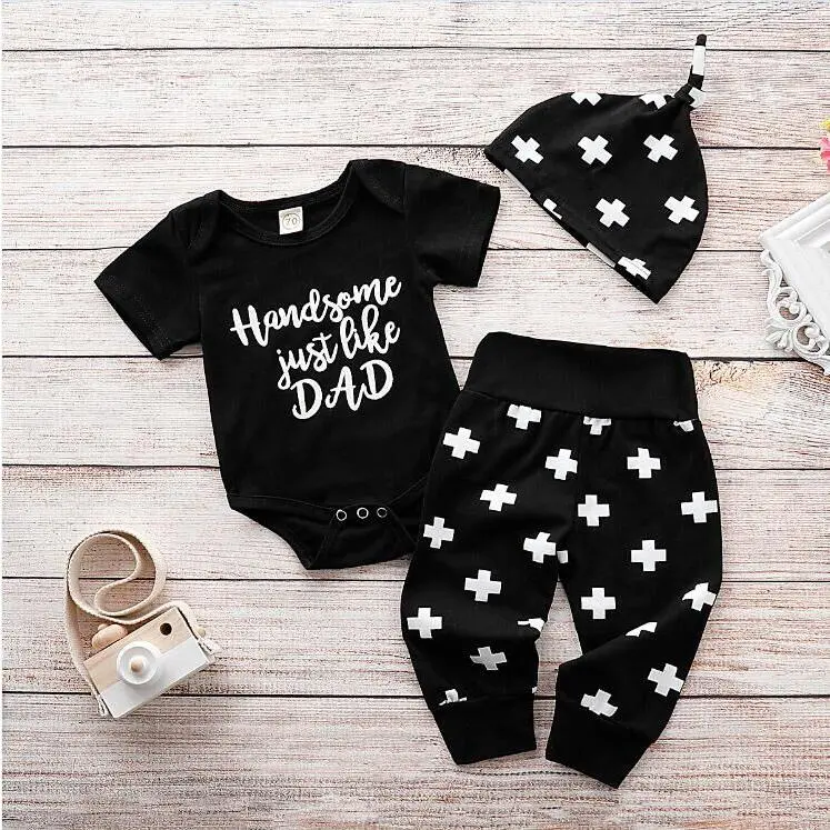 Afunbaby 3Pcs Toddler Summer Outfits, Letter Print Long-Sleeves Romper Top + Casual Pants + Printed Hat for Baby Boys, Girls