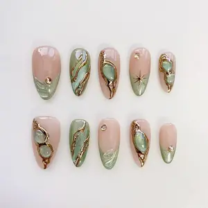 Aura Green Cat Eye Press On Nails, 3D Chrome Gold Star