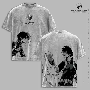 Shoto Todoroki Vintage Washed Oversize Graphic Tee, My Hero Academia Flame & Frost Heavy Cotton T-Shirt, Anime Streetwear for Men and Women