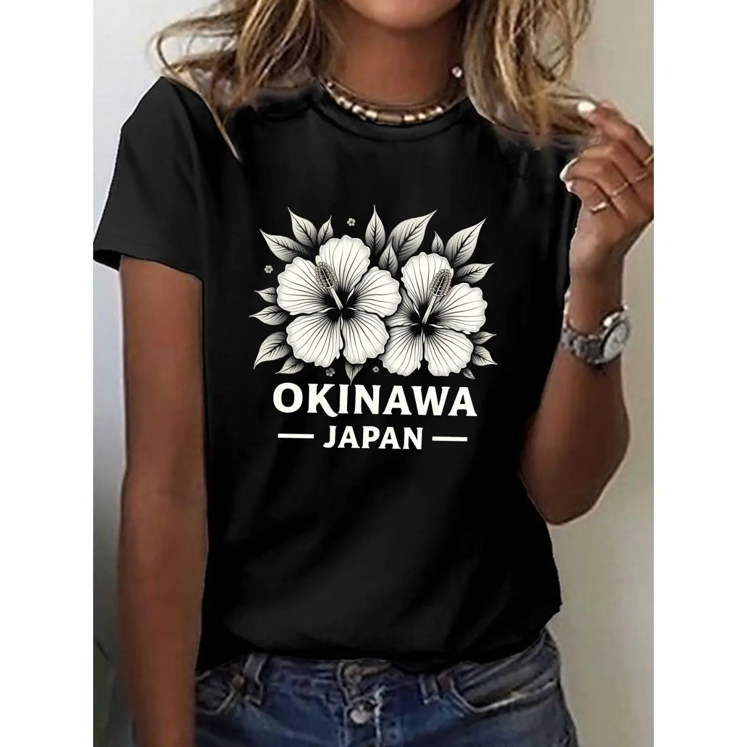 Graphic T-Shirt with Okinawa Floral Print, a Unisex Short Sleeve Streetwear Top Made from a Breathable Cotton Blend, Tshirt