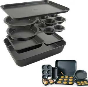 Elbee Home 8-Piece Nonstick Aluminized Steel, Space Saving Baking Set , With Deep Roasting Pan, Cookie Sheet, Cake Pans, Muffin Pans and Baking Pan PFOA & PFOS Free