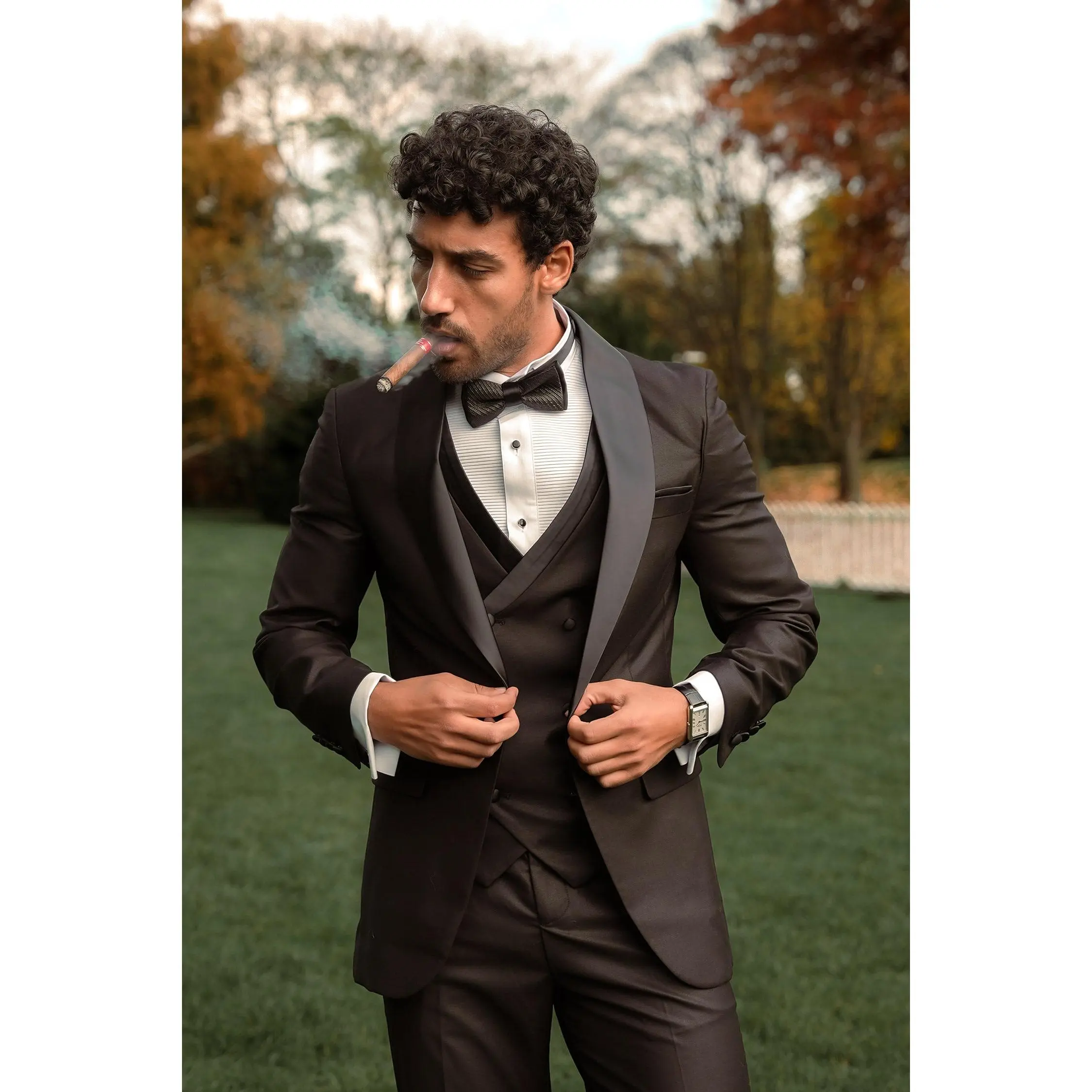 Stylish Mod Tuxedo Shirt - White Long Sleeve Cotton Top with Button Placket and Tie, Suitable for Men's Menswear Textured Striped Fabric Spandex Beige Plain Sleeveless