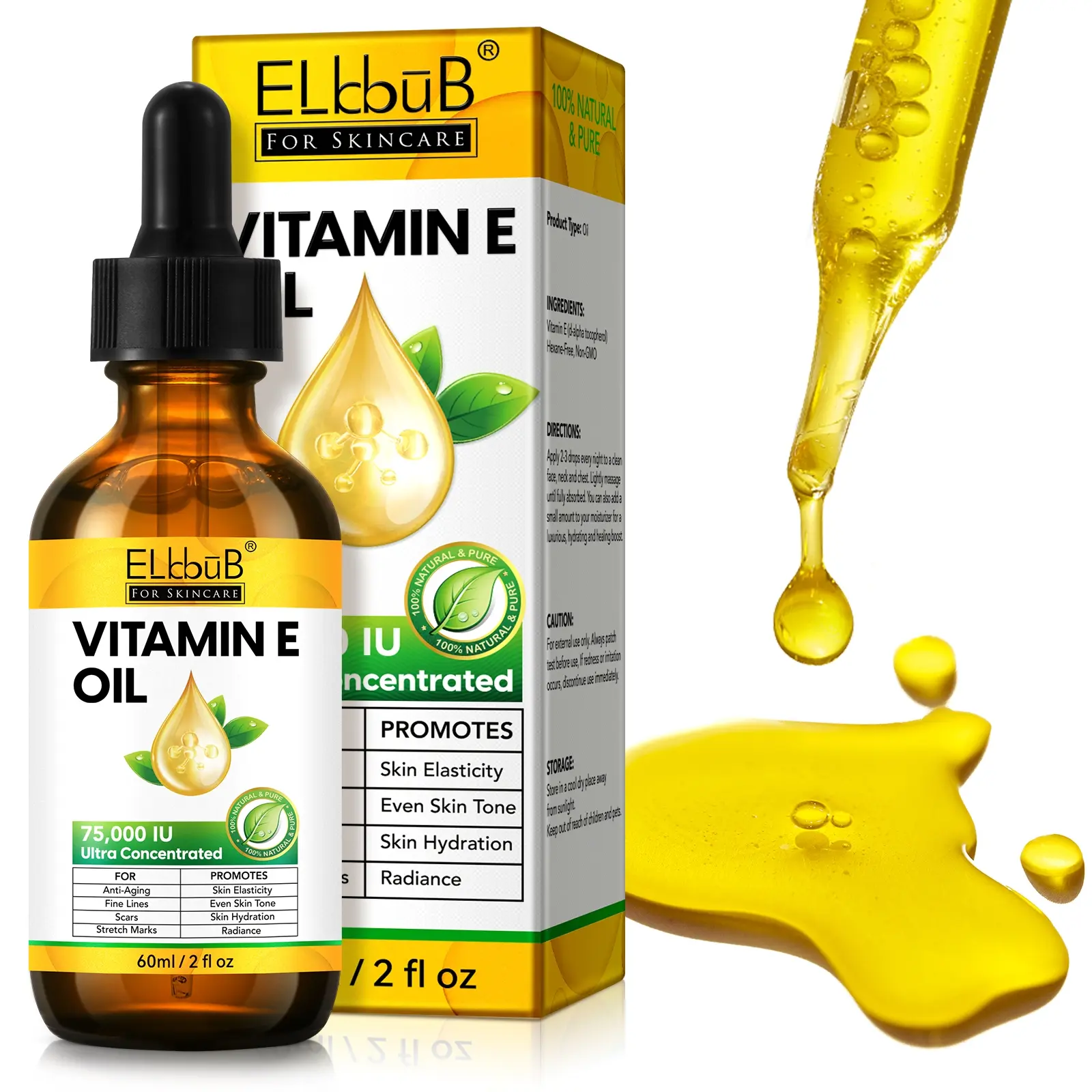 Elbbub Vitamin E Oil 60ml, 75,000 Iu Moisturizing Body Oil, Hydrating Body Oil For Dry Skin, Skin Oil, Pure Oils, Suitable for Hair, Face, Body, Scar Care, Summer Body Care Oil, Daily