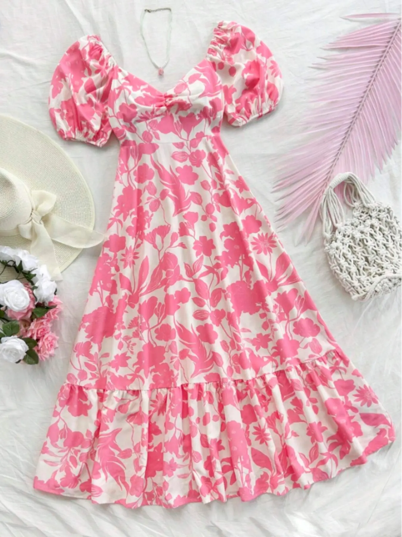 Women's Boho Vintage Floral Print Bubble Sleeve Ruffled Dress, Romantic Holiday Dress, Spring Wedding Graduation Party, Casual Retro Summer Tropical Pattern