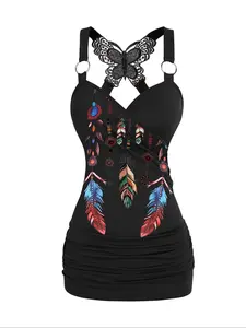 Women's Plus Size Spring Summer Solid Color Butterfly Lace Tank Top, Casual Feather Print Halter Neck Vest, Gothic Style