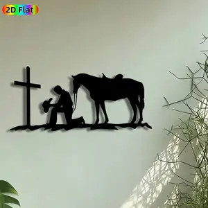 1pc Cowboy Kneeling at Cross Metal Wall Art, Cowboy & Horse Silhouette Statue Mural, Intricate Craftsmanship, Perfect for Easter, Thanksgiving Decor, Perfect for Living Room Patio Wall Western Lodge Decor, Ideal Gift for Western Decor Enthusiasts.