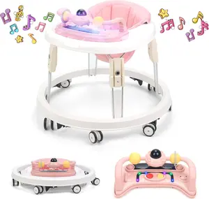 1-Touch Fold Baby Walker! Anti-Roll 8-Wheels + Brake | 7 Heights for 6-18 Months | Pink + Big Music Lights