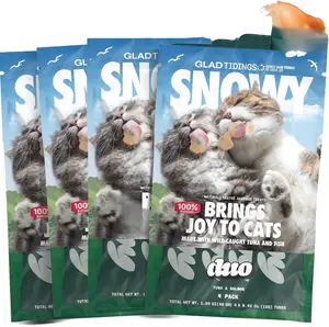Glad Tidings Snowy's Lickable Wet Seafood Cat Treats Made with Wild-Caught Tuna and Salmon, Creamy Squeezable Purée, Topper with Vitamin E & Taurine, 16 Count, Total 1.69 Ounces ⏤ Duo